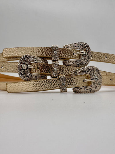 Unico - Cinturon fino Dorado Hebilla plata con strass