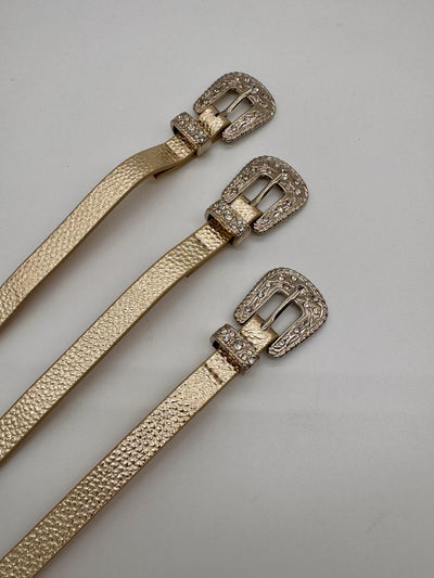 Unico - Cinturon fino Dorado Hebilla plata con strass