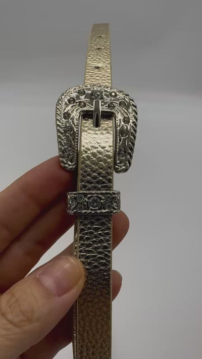 Unico - Cinturon fino Dorado Hebilla plata con strass